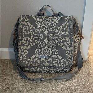 Gray and cream Petunia Pickle bottom diaper bag